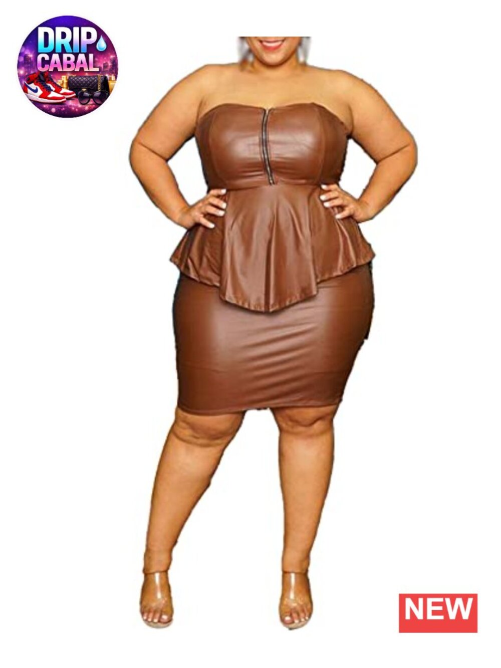 Plus Size 2 Piece Faux Leather Outfit Bodycon Zipper Up Ruffle Tube Top and